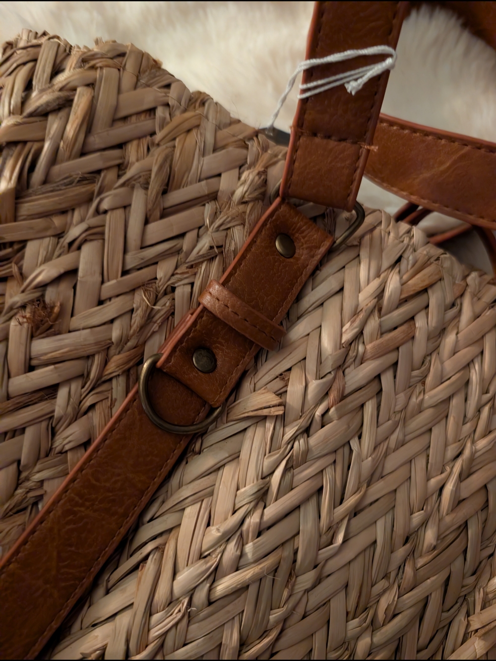Woven Straw Tote Bag with Brown Leather Straps - Picture 5 of 6